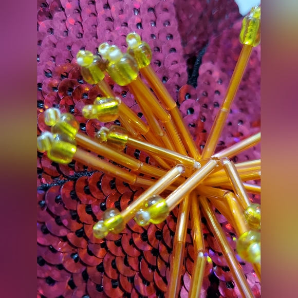 3D hibiscus beaded applique flower sew on iron on patch sequins tropical hot pnk - Picture 2 of 11